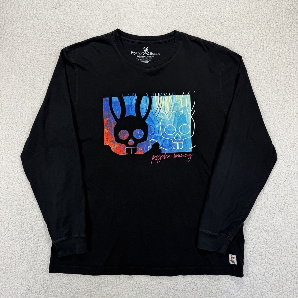 Psycho Bunny Graphic Tee Men's L Black Pima Cotton Long Sleeve Streetwear Casual